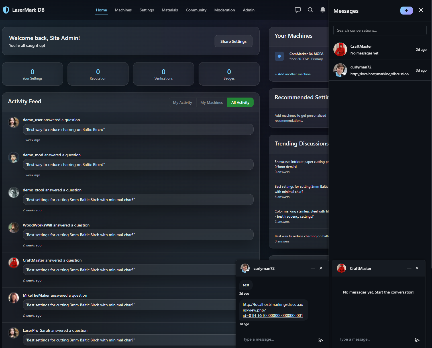 LaserMark Dashboard and Chat screenshot