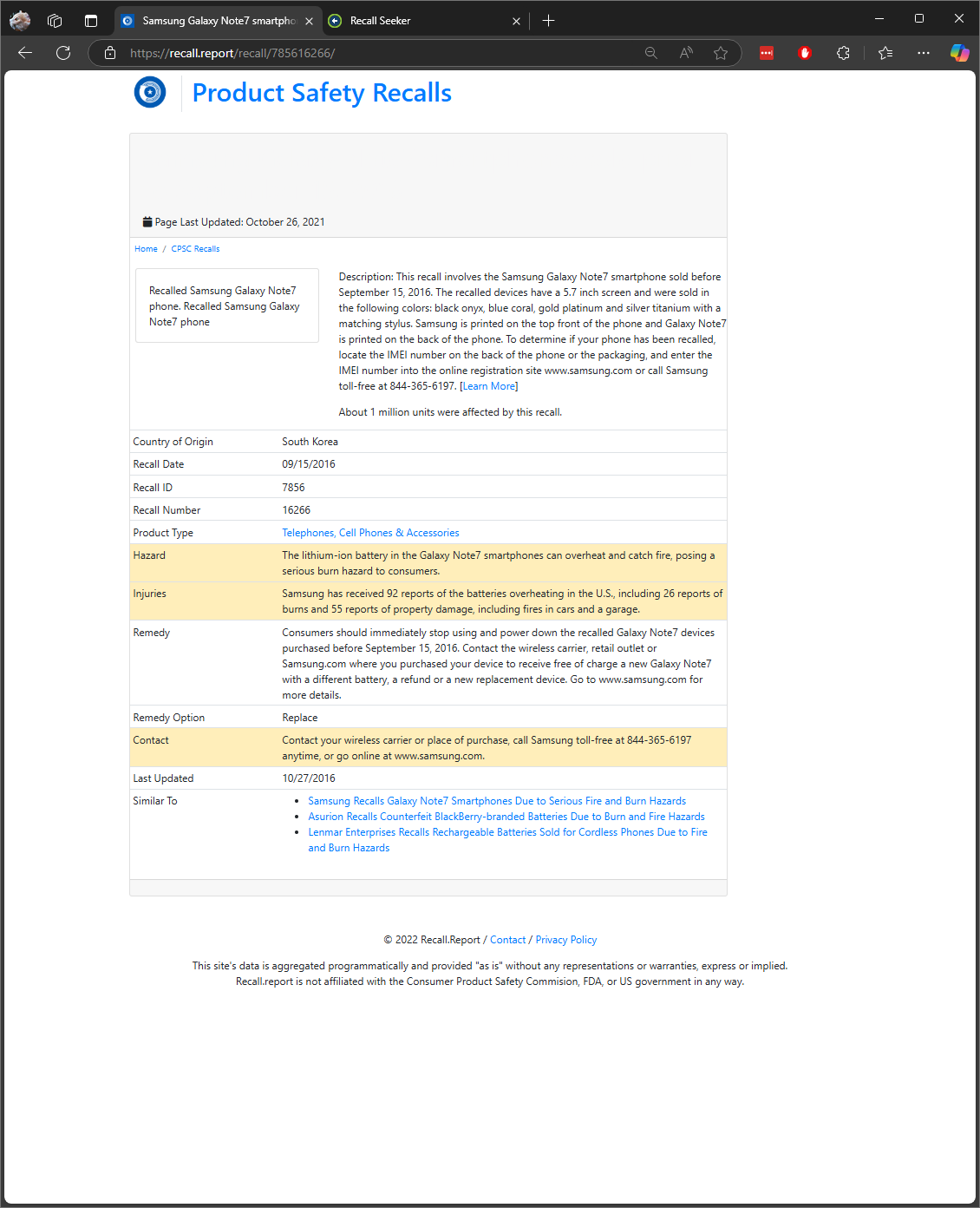 Comparison recall detail page