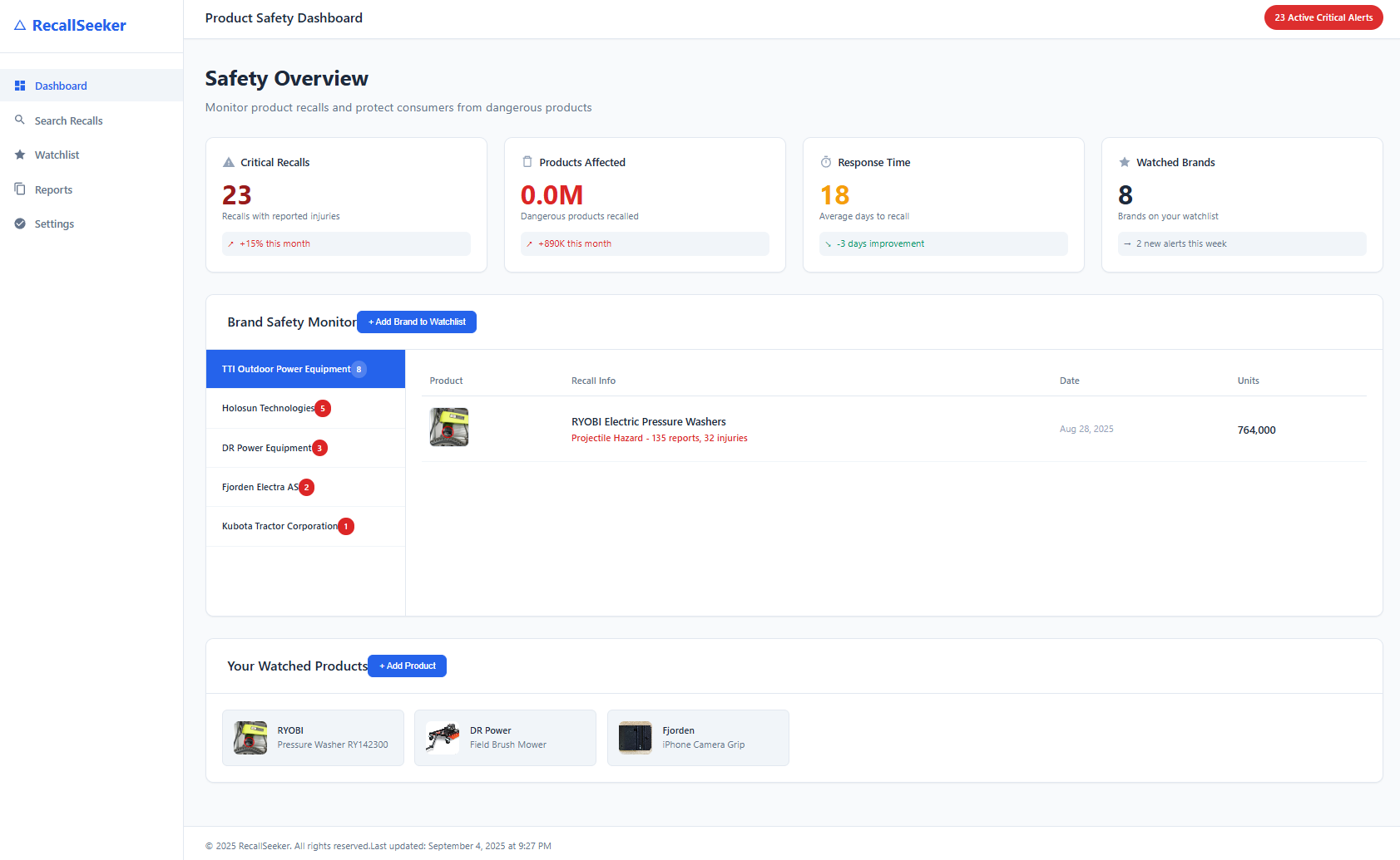 RecallSeeker dashboard mockup