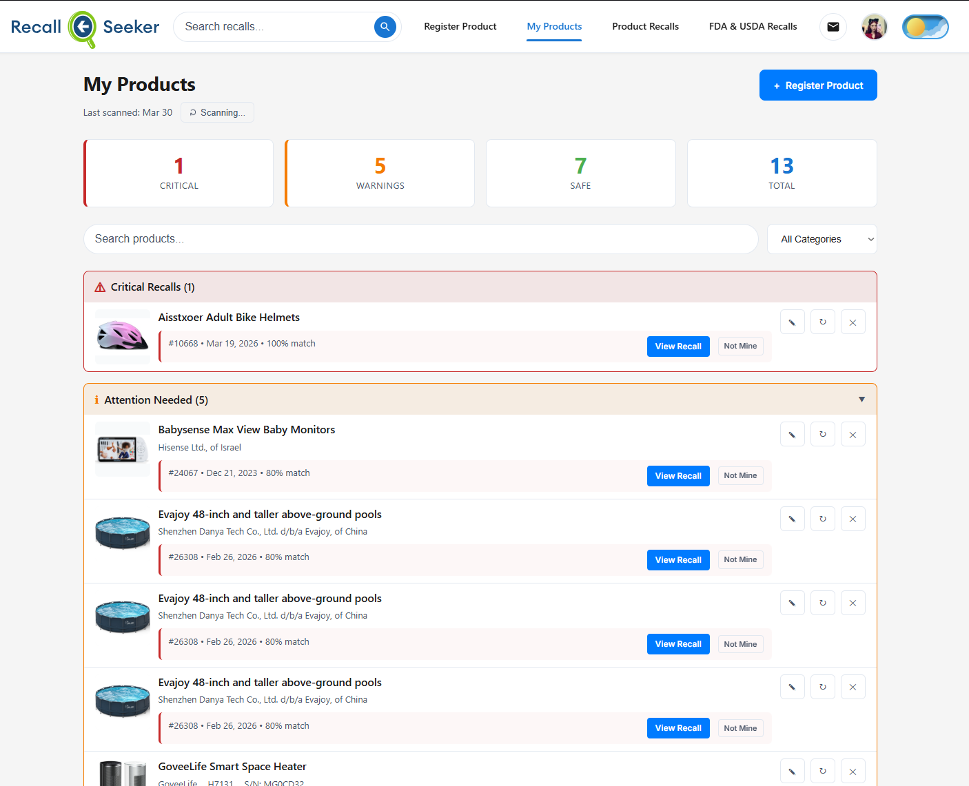 RecallSeeker dashboard version 1