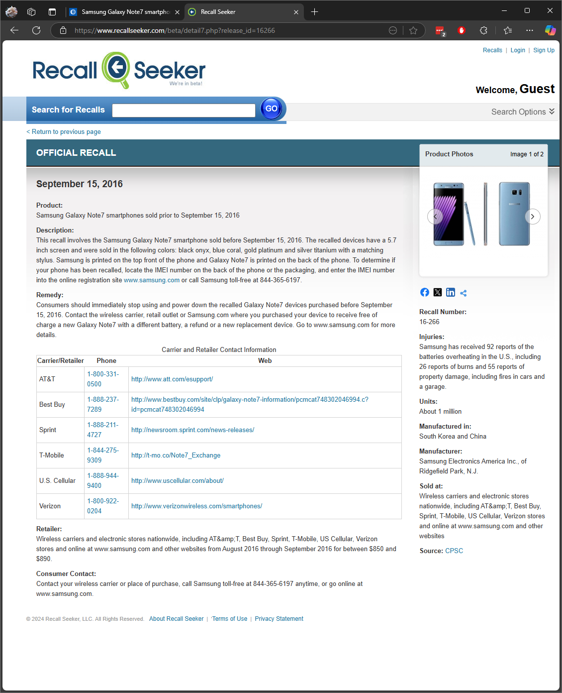 RecallSeeker recall detail page