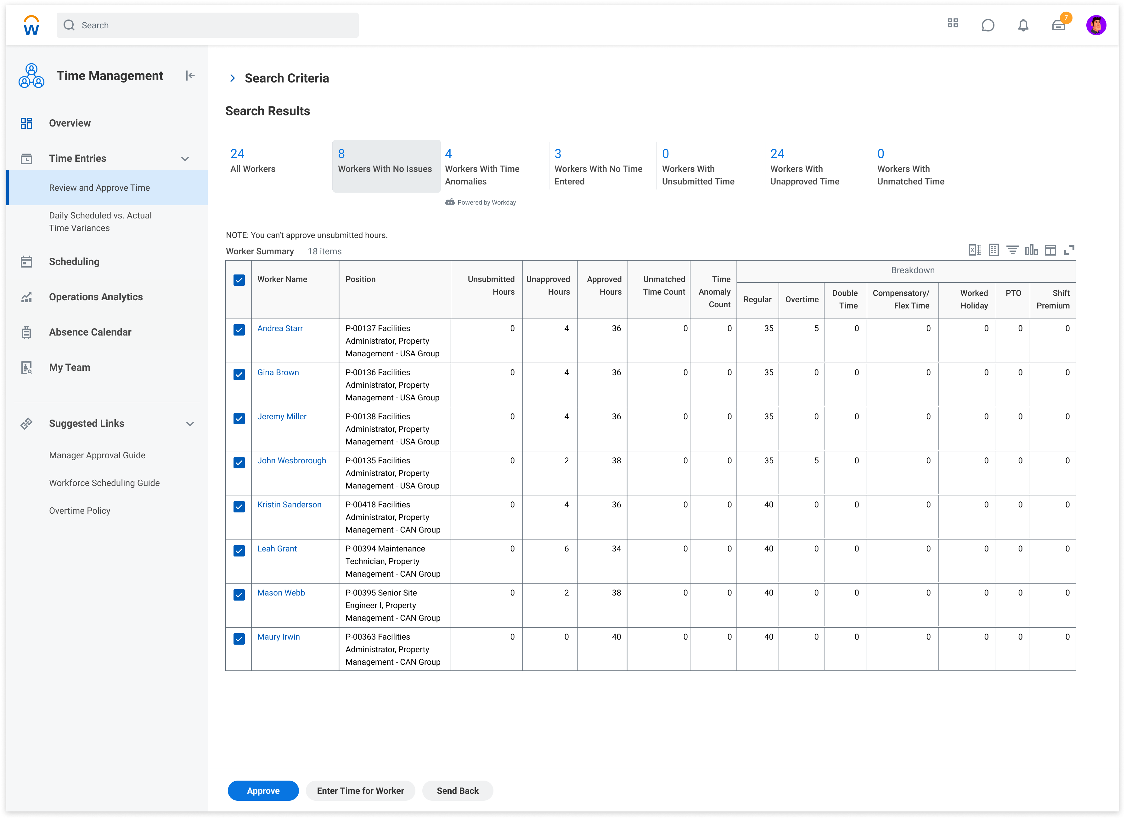 Workday Review and Approve Time screen