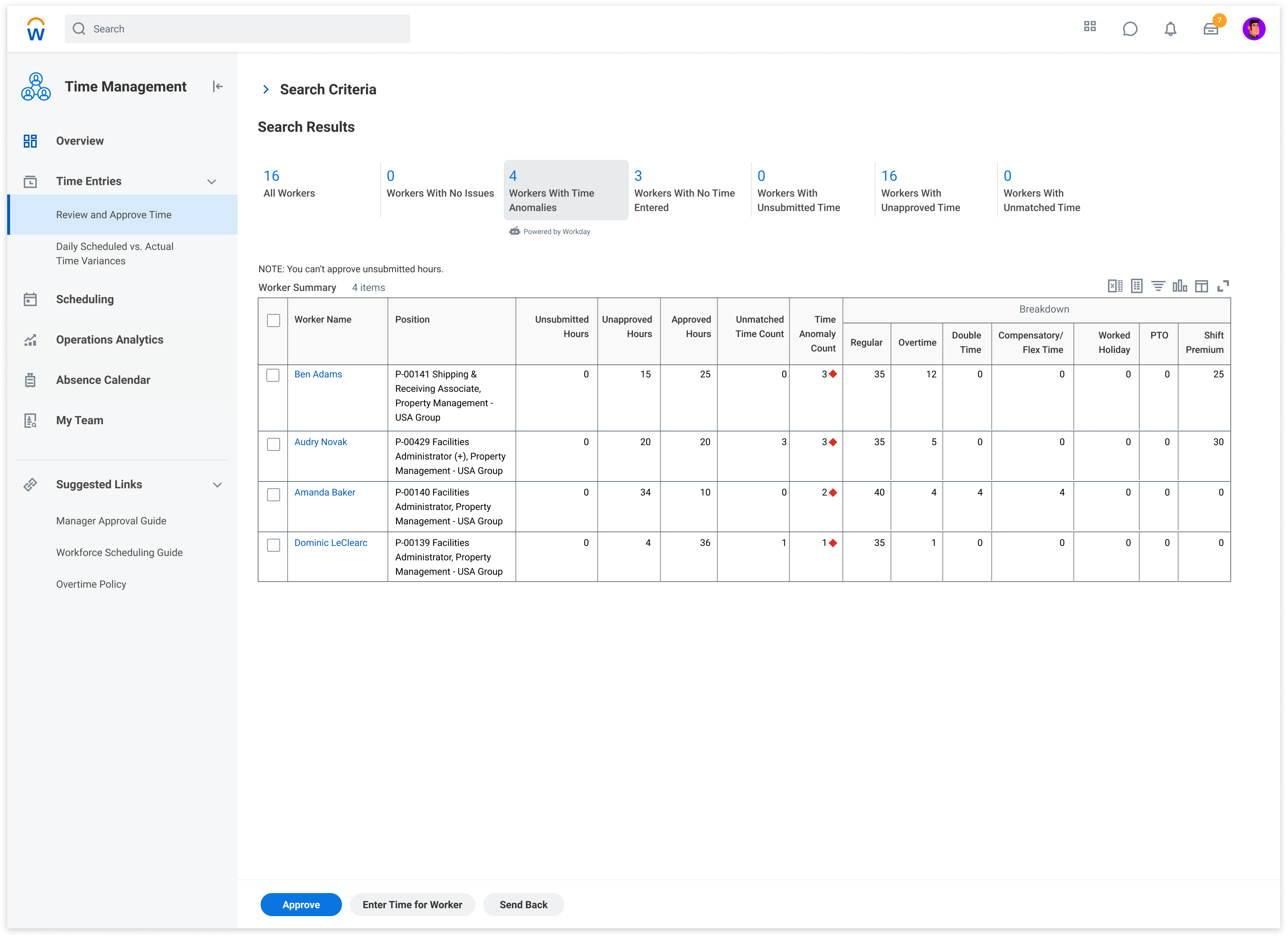 Workday Time Anomalies screen